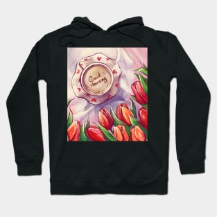 Illustration artwork with coffee red tulips flowers Hoodie